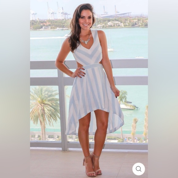 THE CLOTHING COMPANY BLUE AND WHITE STRIPED HIGH LOW DRESS - Picture 3 of 13